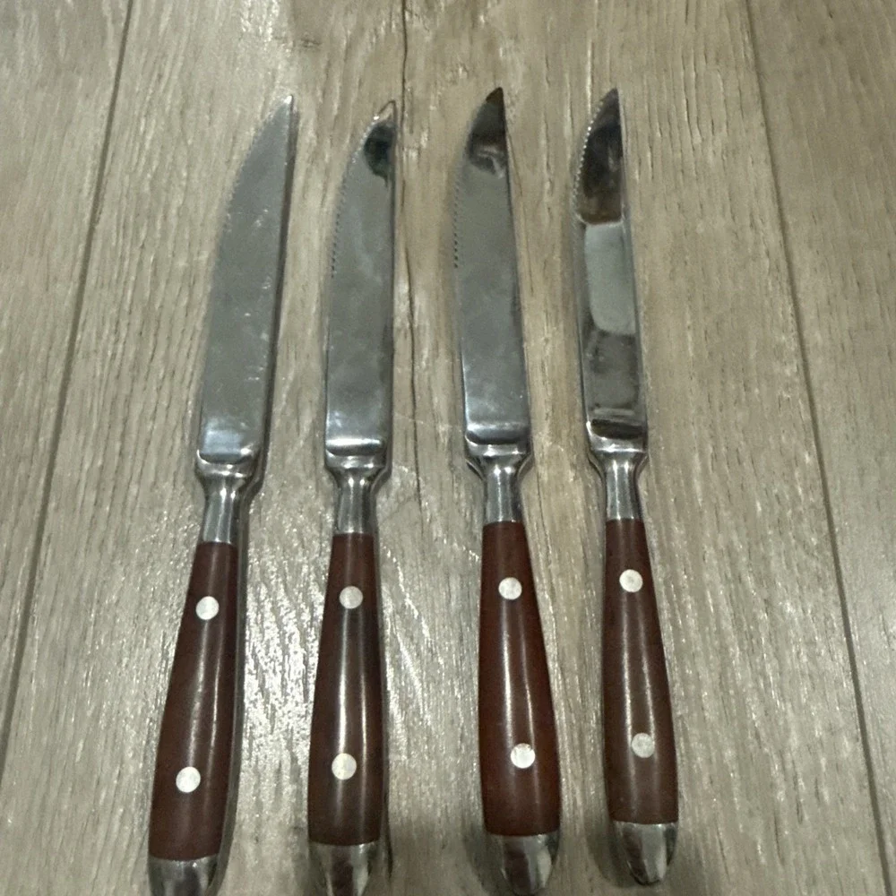 Chefs Dinner Steak Knives Stainless Steel Bistro Woodgrain‎ Brown Set of 4